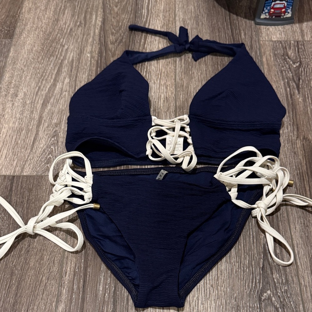 Navy Bikini with White Lace-Up Details